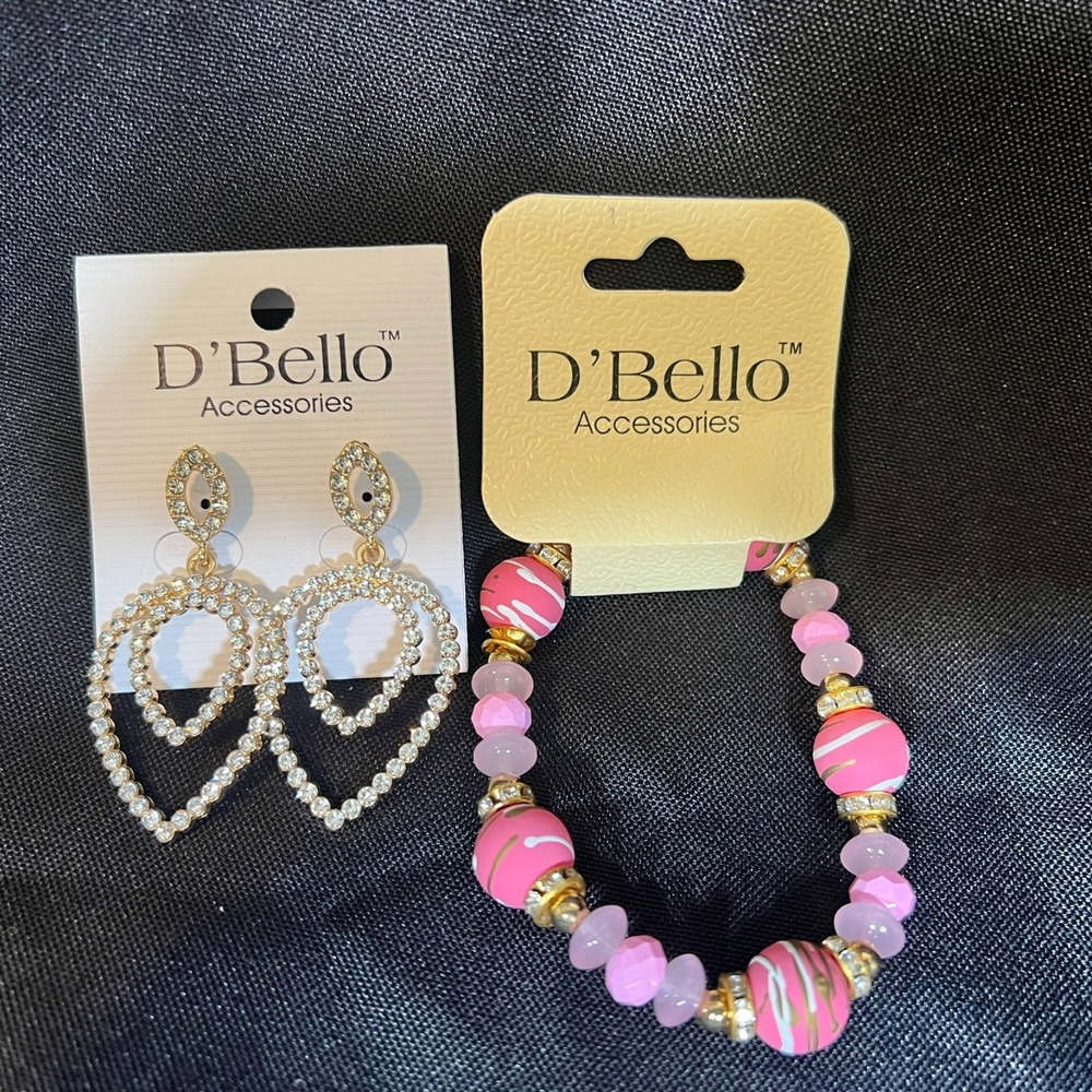 D'Bello Jewelry Set‎ Rhinestone Drop Earrings Pink Beaded Bracelet New Old Stock